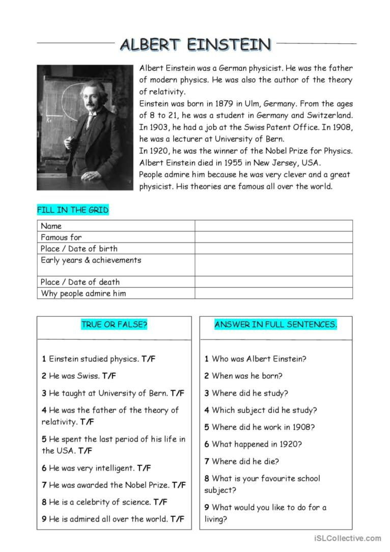 Albert Einstein - Reading Comprehens…: English Esl Worksheets Pdf inside Albert Einstein Reading Comprehension Worksheet