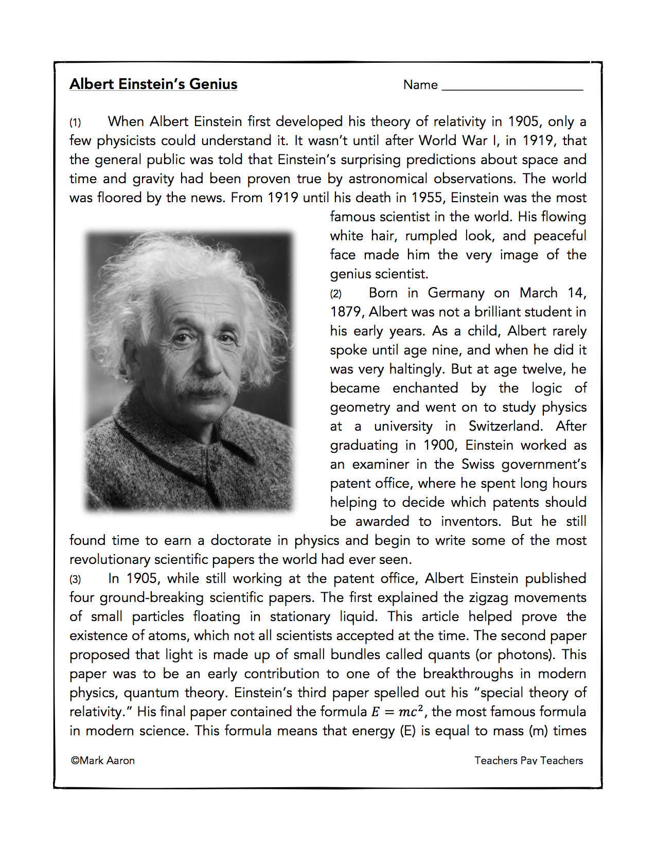 Albert Einstein- Reading Comprehension Passage And Assessment throughout Albert Einstein Reading Comprehension Worksheet