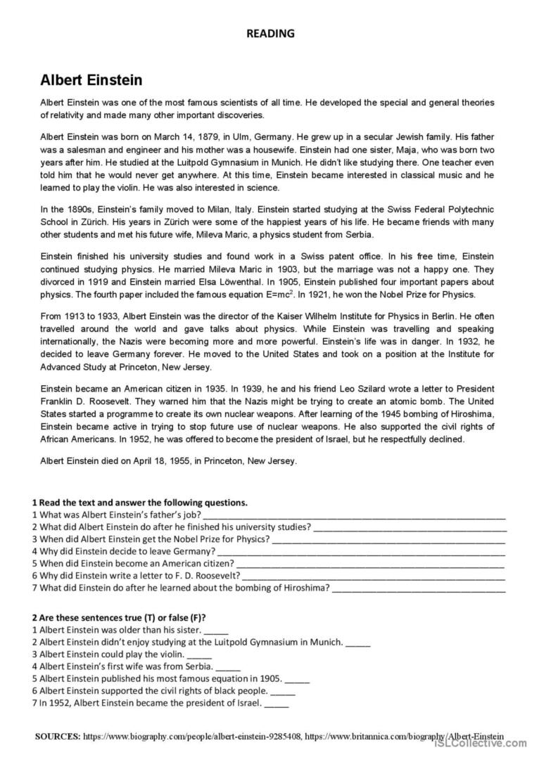 Albert Einstein - Reading Reading Fo…: English Esl Worksheets Pdf with regard to Albert Einstein Reading Comprehension Worksheet