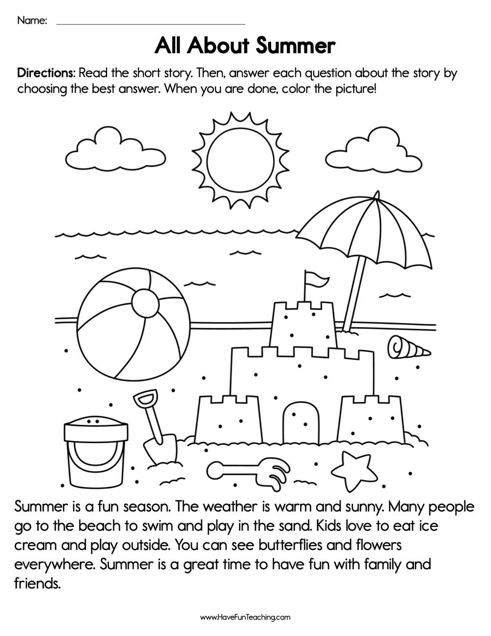 All About Summer Reading Comprehension Worksheet - Have Fun Teaching within Reading Comprehension Worksheets Color
