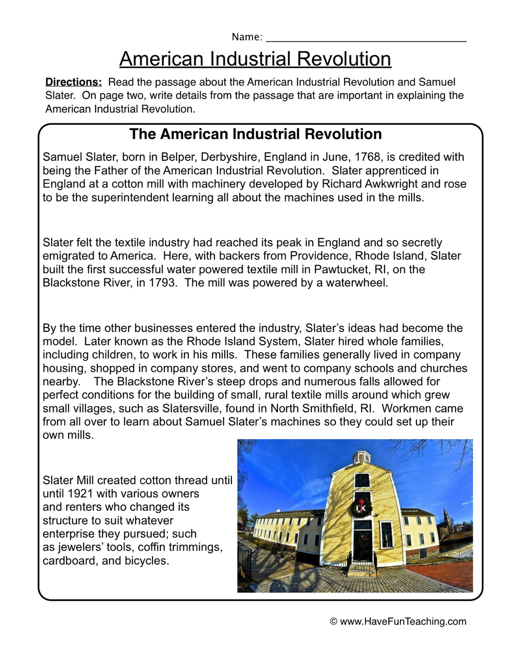 American Industrial Revolution Worksheet - Have Fun Teaching within Usa Industrialization Era Reading Comprehension Worksheets