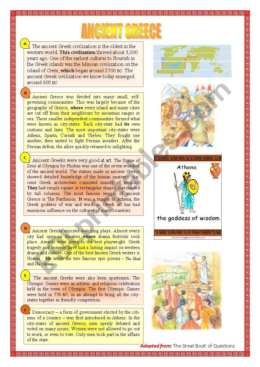 Ancient Greece - Esl Worksheetoumsalsabil with Ancient Greece Reading Comprehension Worksheets