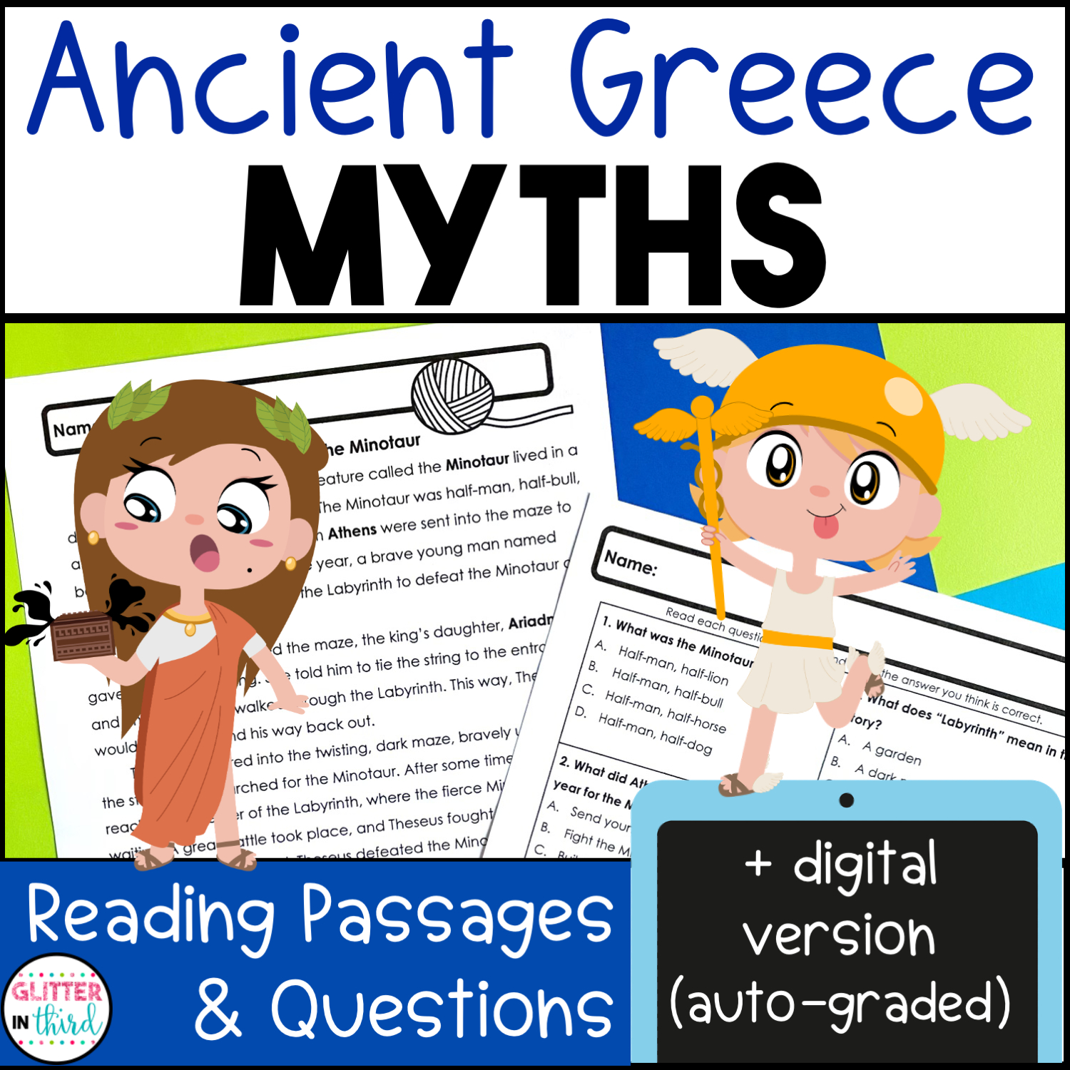 Ancient Greek Mythology Reading Comprehension Passages - Glitter in Greek Mythology Story Comprehension Worksheets Grade 5