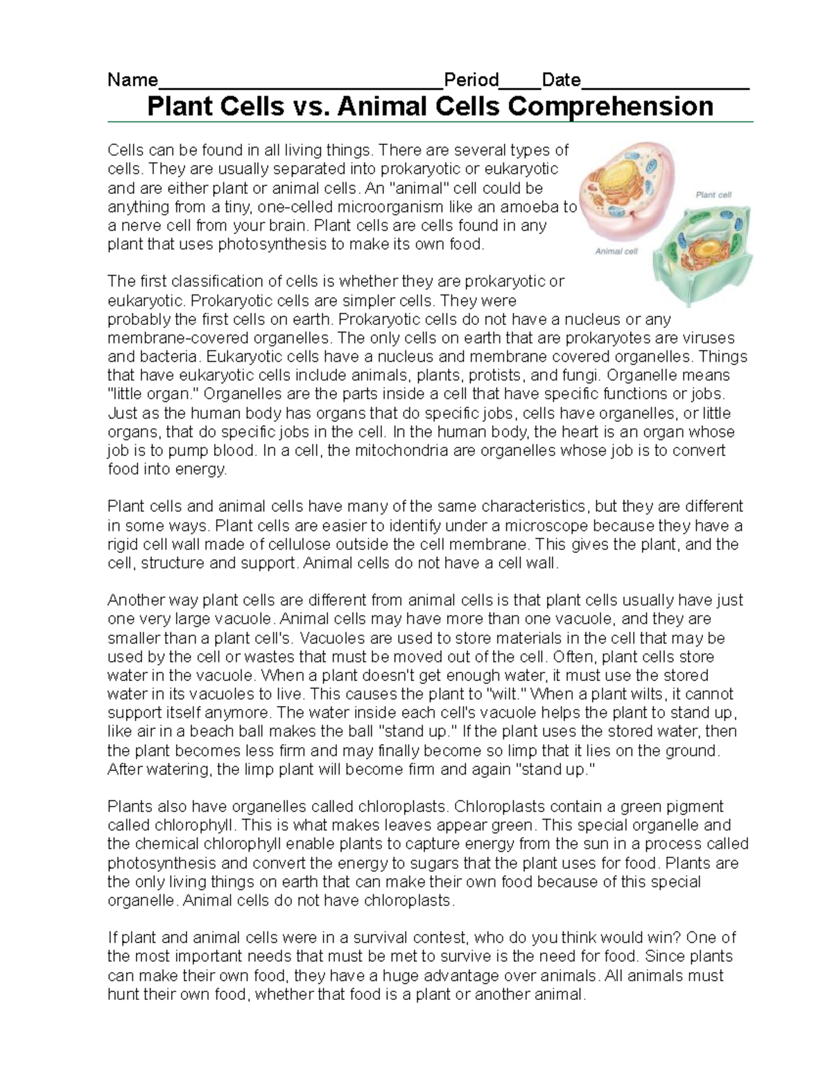 Animal Vs Plant Cells Reading Assignment - - Studocu throughout Plant Cells Reading Comprehension Worksheet