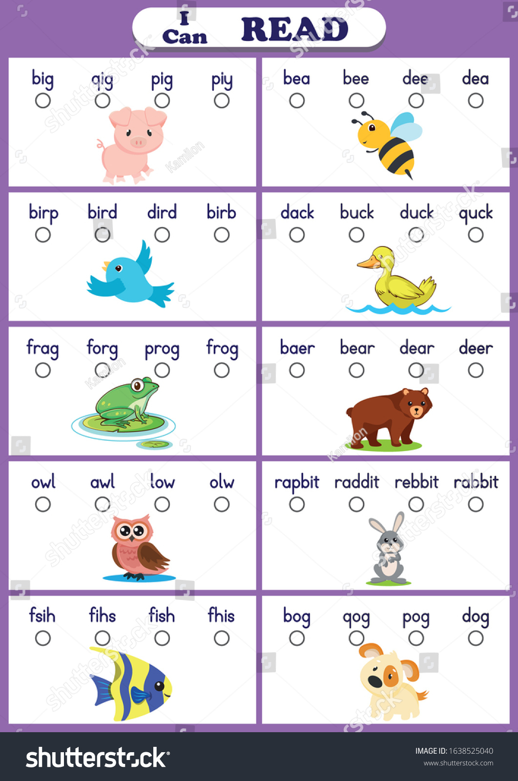 Animals Reading Worksheet Students Read Words Stock Vector inside Animal Reading Worksheets
