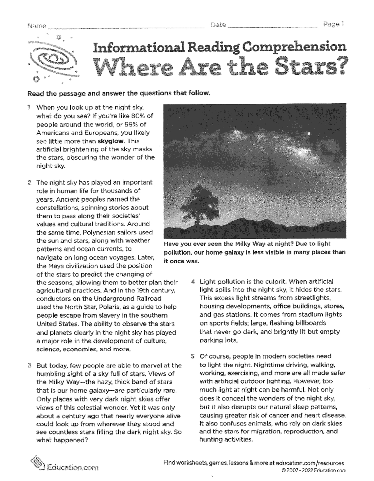 Annotated Informational Article: Impact Of Light Pollution On Star for Reading Comprehension Constellations Worksheets