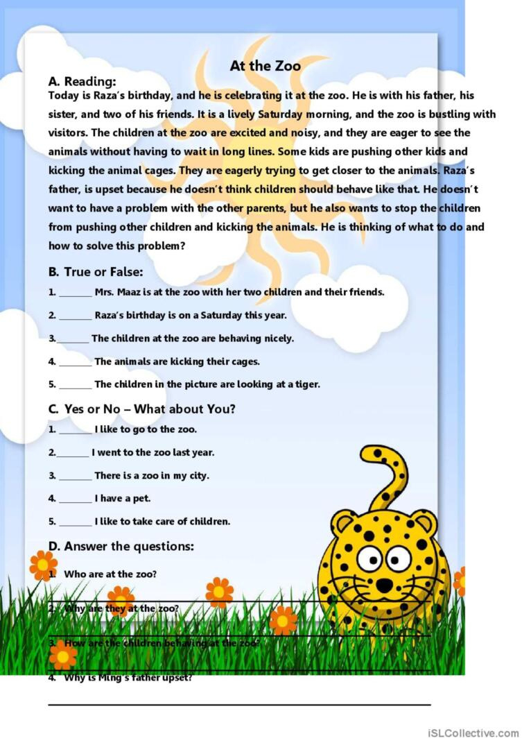 At The Zoo (Reading Comprehension) G…: English Esl Worksheets Pdf pertaining to Zoo Reading Comprehension Worksheet