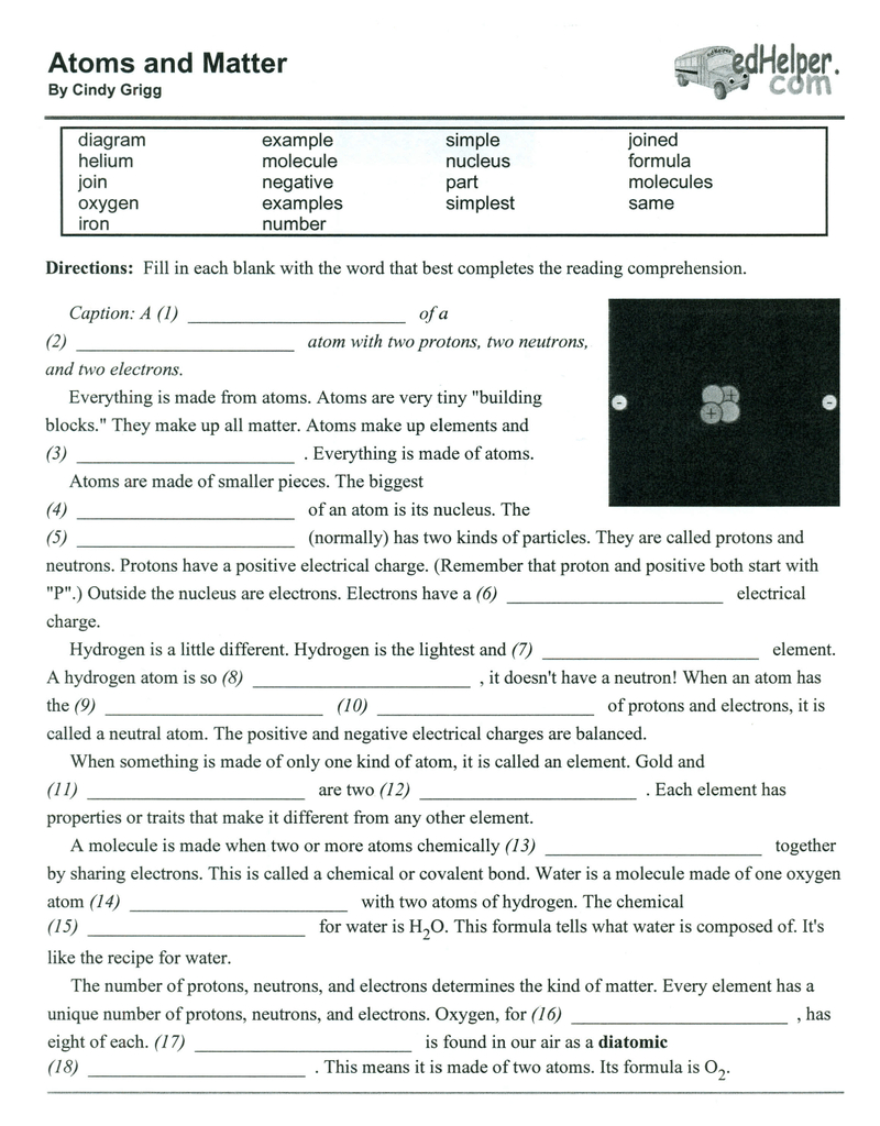 Atoms And Matter Worksheet: Elements &amp;amp; Molecules inside Matter And Atoms Reading Comprehension Worksheets