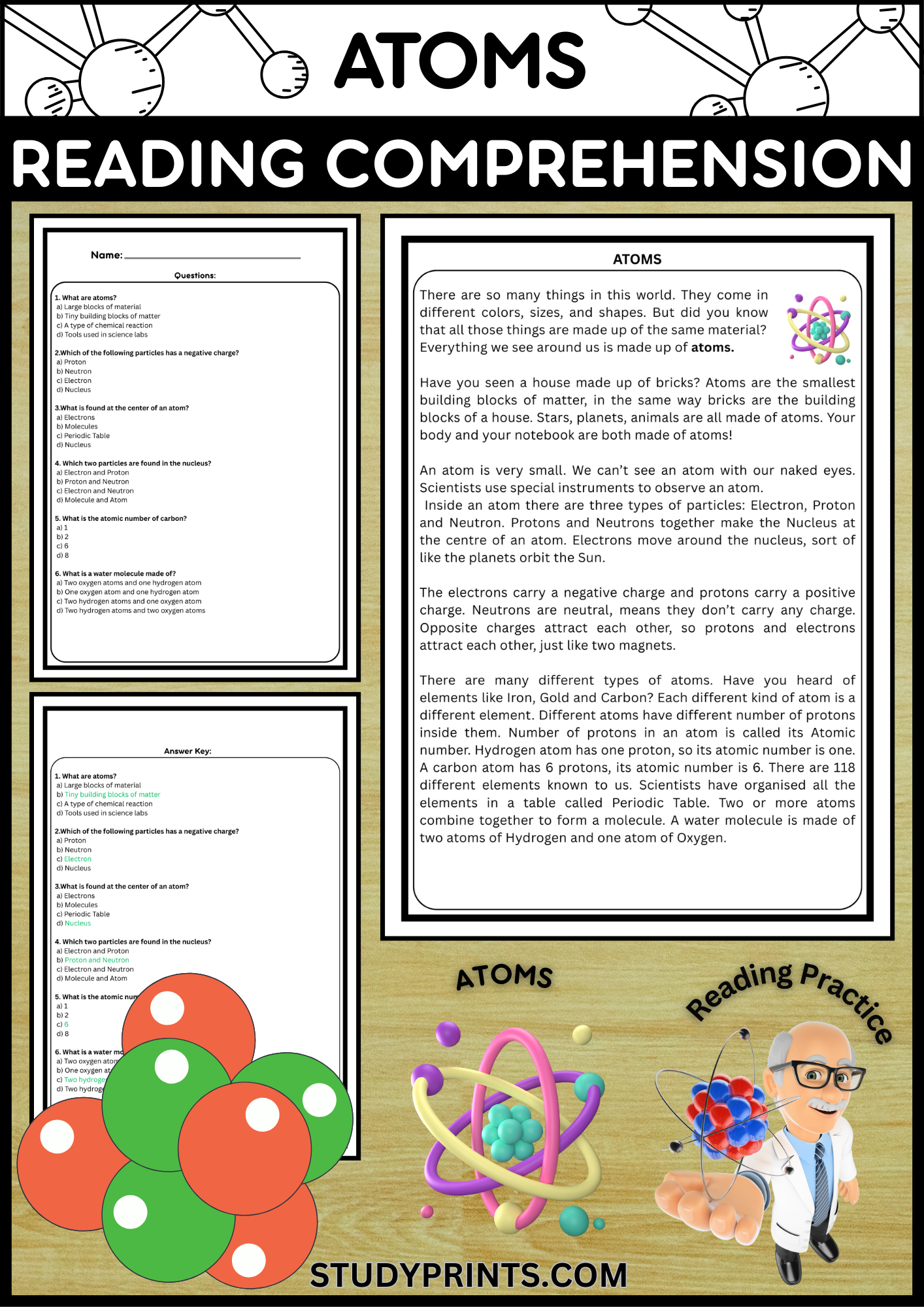 Atoms Reading Comprehension Worksheet With Multiple Choice for Atoms Reading Comprehension Worksheets