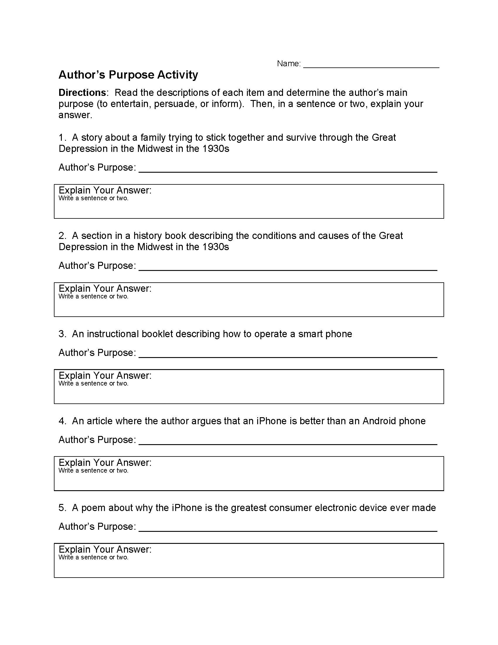 Author&amp;#039;S Purpose Worksheet 1 | Reading Activity intended for Author&amp;#039;S Purpose Reading Comprehension Worksheet