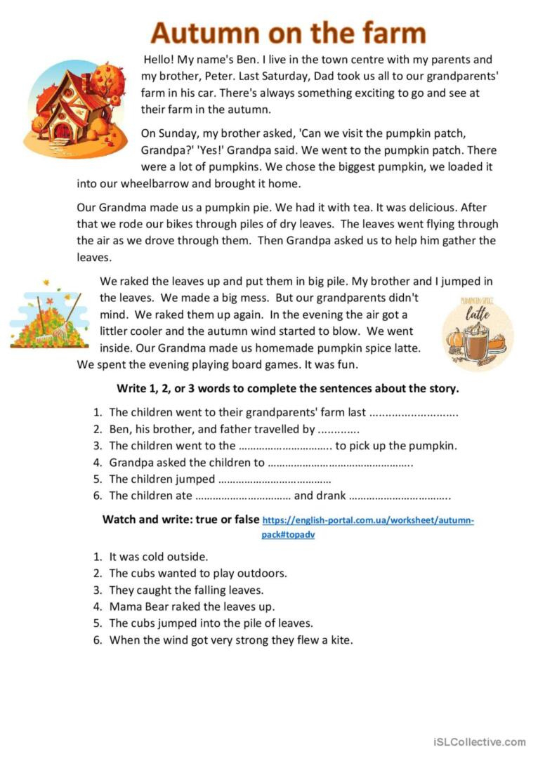 Autumn Lesson. Reading, Speaking, Li…: English Esl Worksheets Pdf regarding Fall Reading Comprehension Worksheets