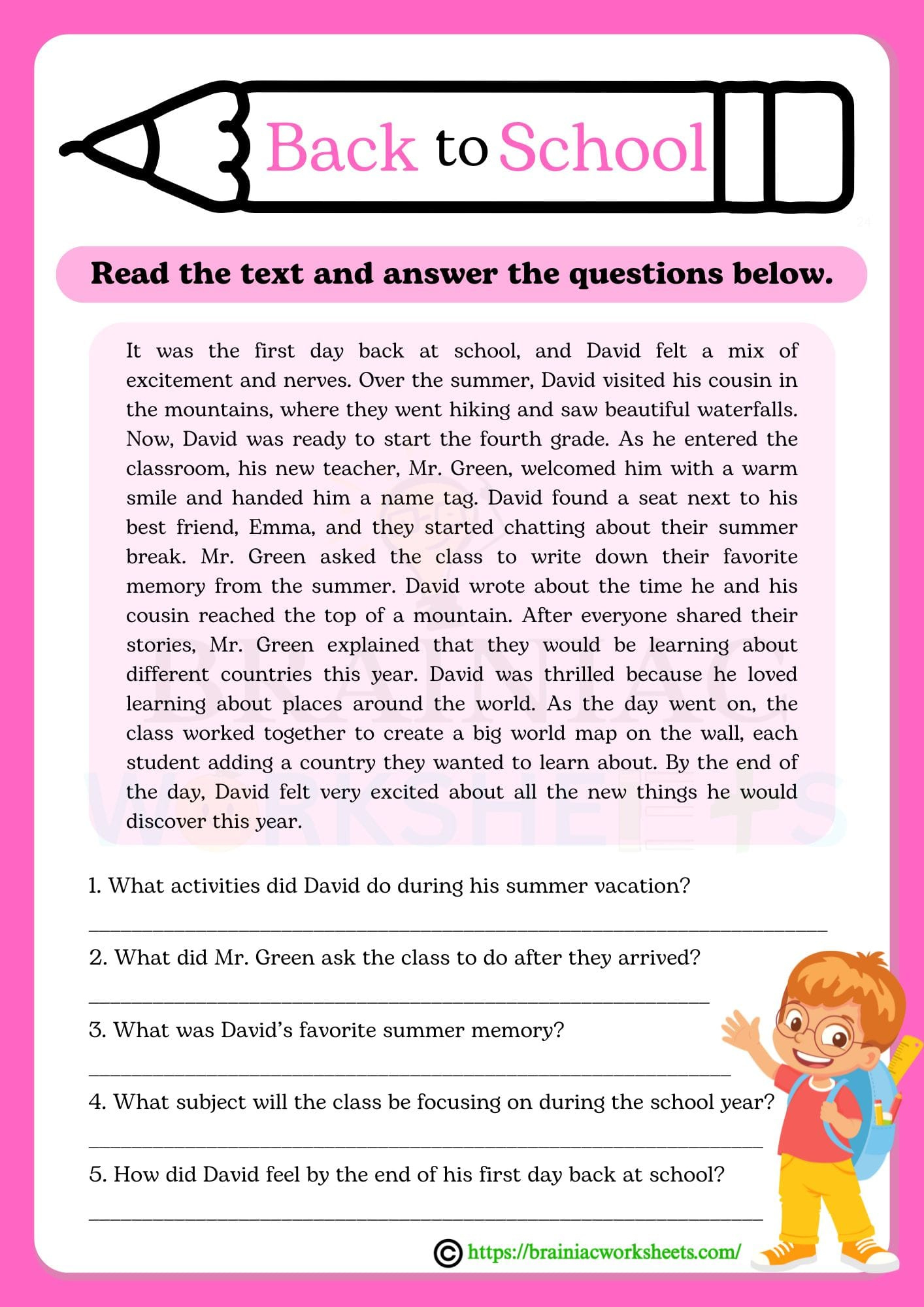Back To School Reading Comprehension English Worksheet For Class 5 with Reading Comprehension For Class 5 Worksheet