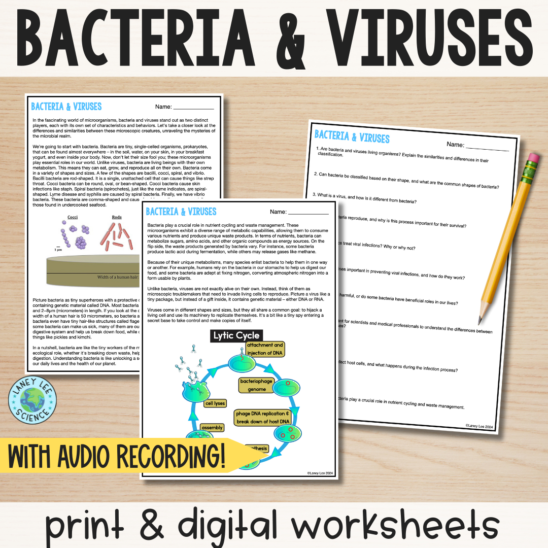Bacteria And Viruses - Reading Comprehension Worksheets - Laney Lee in Bacteria Reading Comprehension Worksheet