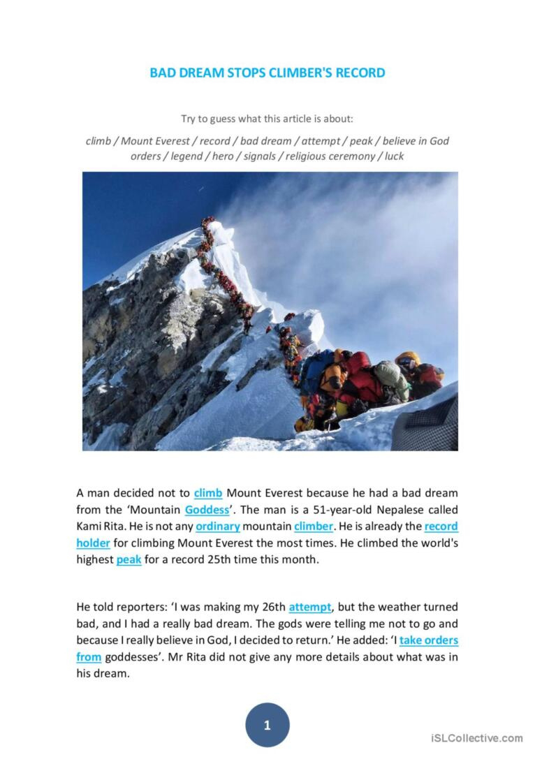 Bad Dream Stops Everest Climber&amp;#039;S Re…: English Esl Worksheets Pdf in Legend Adventure Reading Comprehension Worksheets