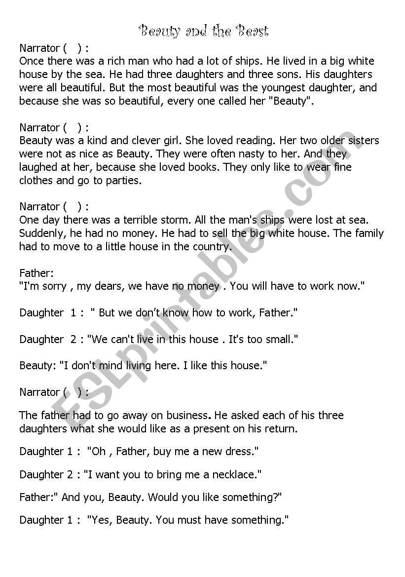 Beauty And The Beast&amp;quot;: A Play Script For Elementry Level - Esl pertaining to Playscript Comprehension Worksheets