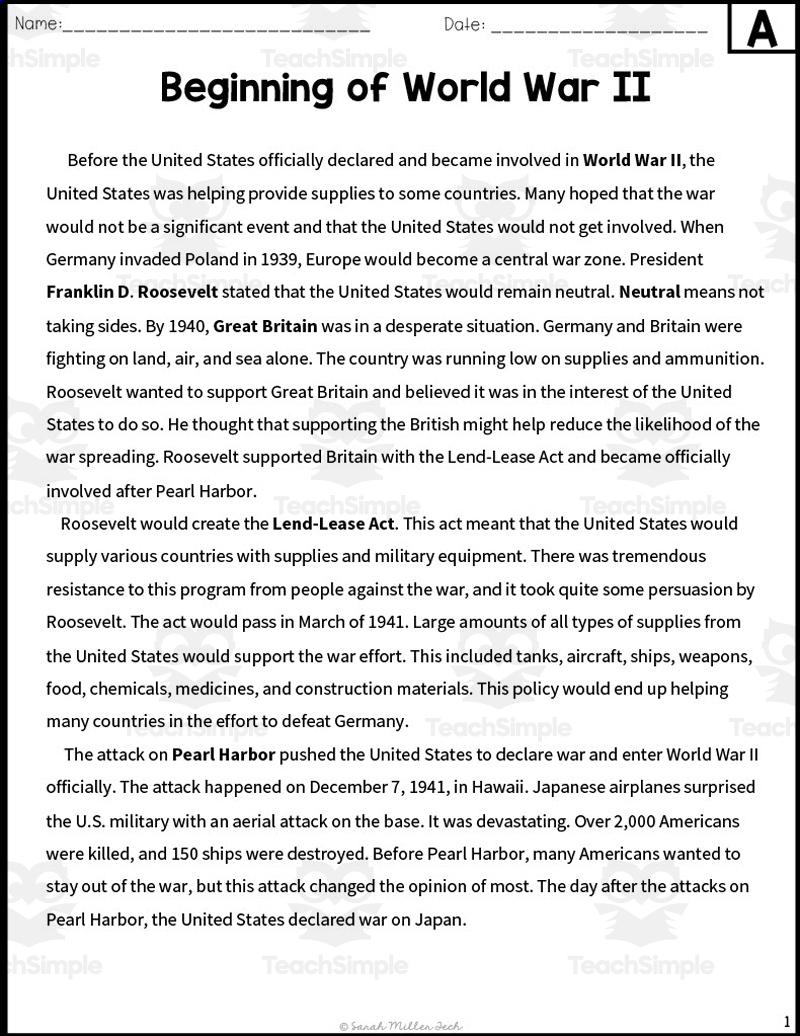 Beginning Of World War Ii Reading Packet throughout World War 2 Reading Comprehension Worksheets
