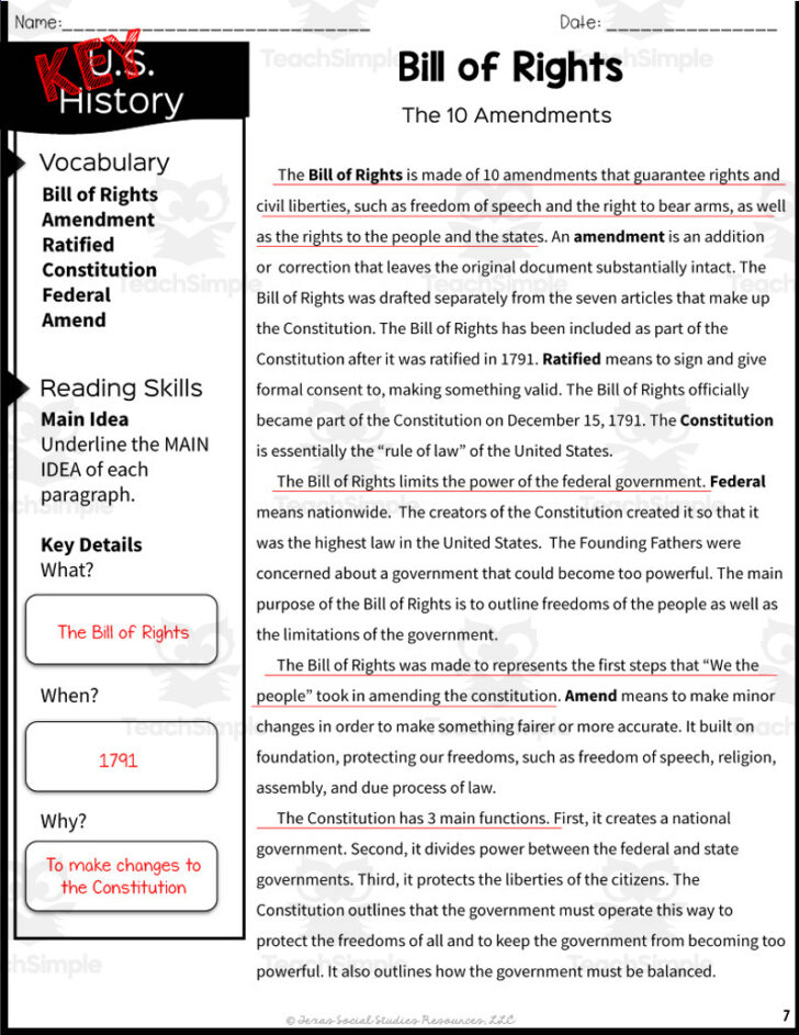 Bill of Rights Reading Comprehension Worksheet