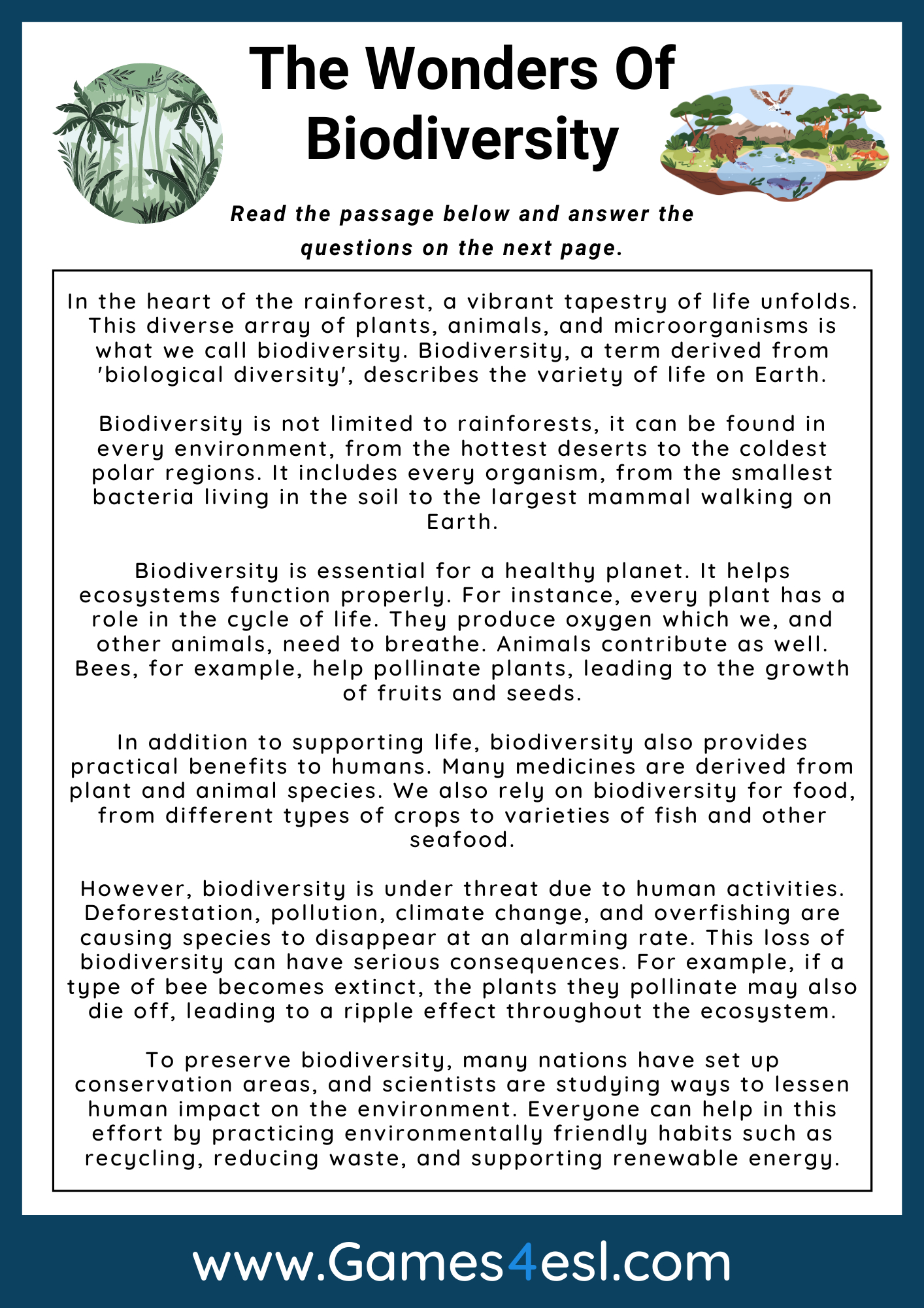 Biodiversity Reading Comprehension | Games4Esl in Biodiversity Reading Comprehension Worksheet Answer Key