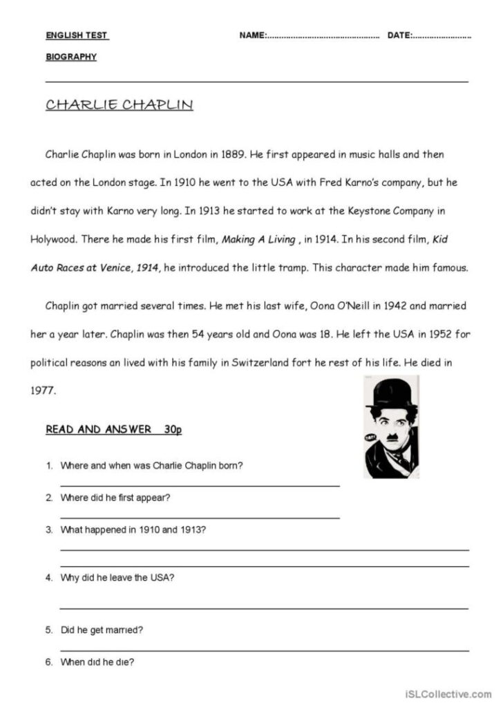 Biography Reading Comprehension Worksheets