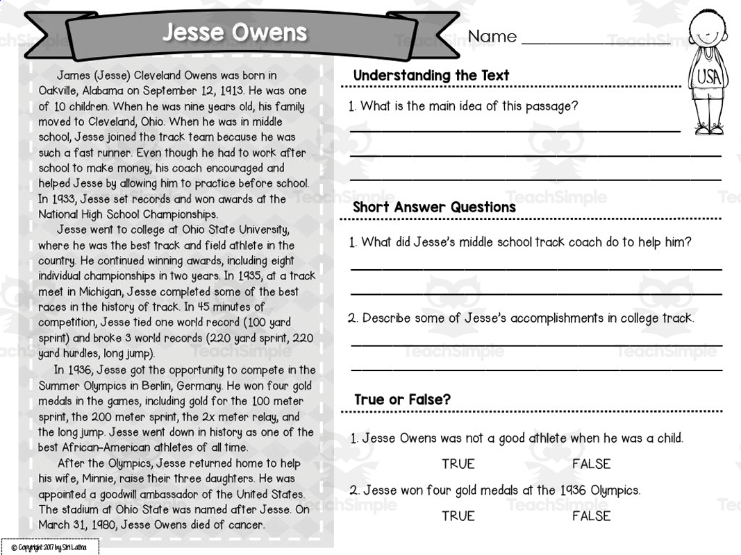 Black History Month Reading Passages for Black History Reading Comprehension Worksheet
