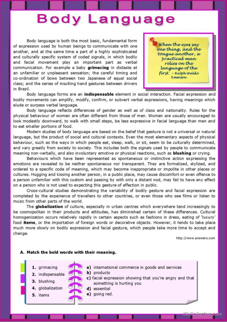 Body Language Reading For Detail (De…: English Esl Worksheets Pdf with Pre-Intermediate Reading Comprehension Worksheets For International Students