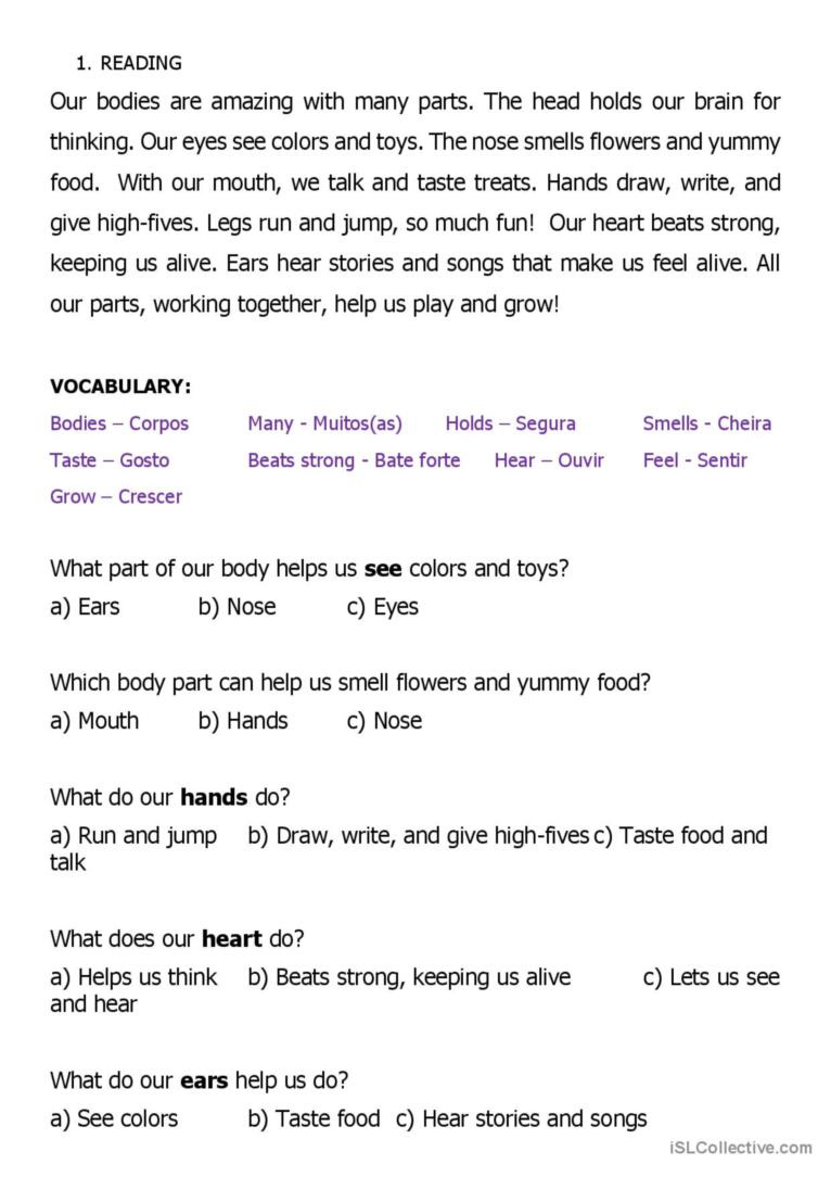 Body Parts: Reading General Reading…: English Esl Worksheets Pdf &amp;amp; Doc with Body Parts Reading Comprehension Worksheets