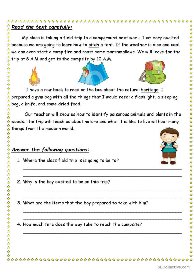 Camping : English Esl Worksheets Pdf &amp;amp; Doc with regard to Camping Reading Comprehension Worksheets With Questions