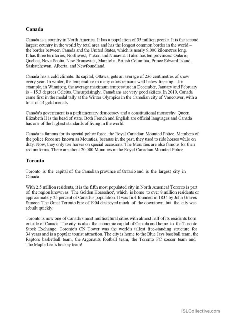 Canada Reading Comprehension Reading…: English Esl Worksheets Pdf intended for Canadian Culture Reading Comprehension Worksheets