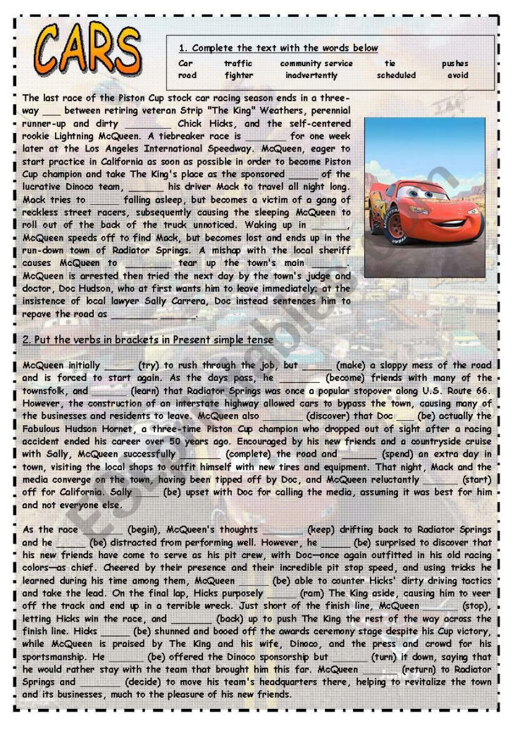 Cars Reading Comprehension Worksheets