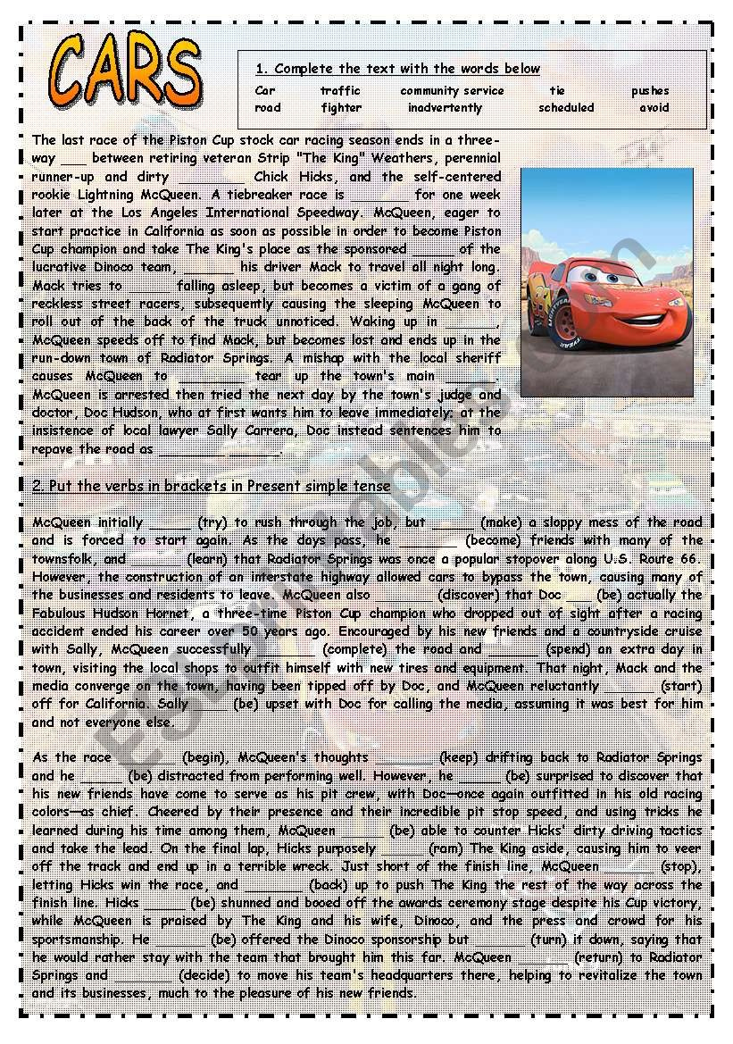 Cars I - Cloze, Present Simple, Reading Comprehension, Writing throughout Cars Reading Comprehension Worksheets