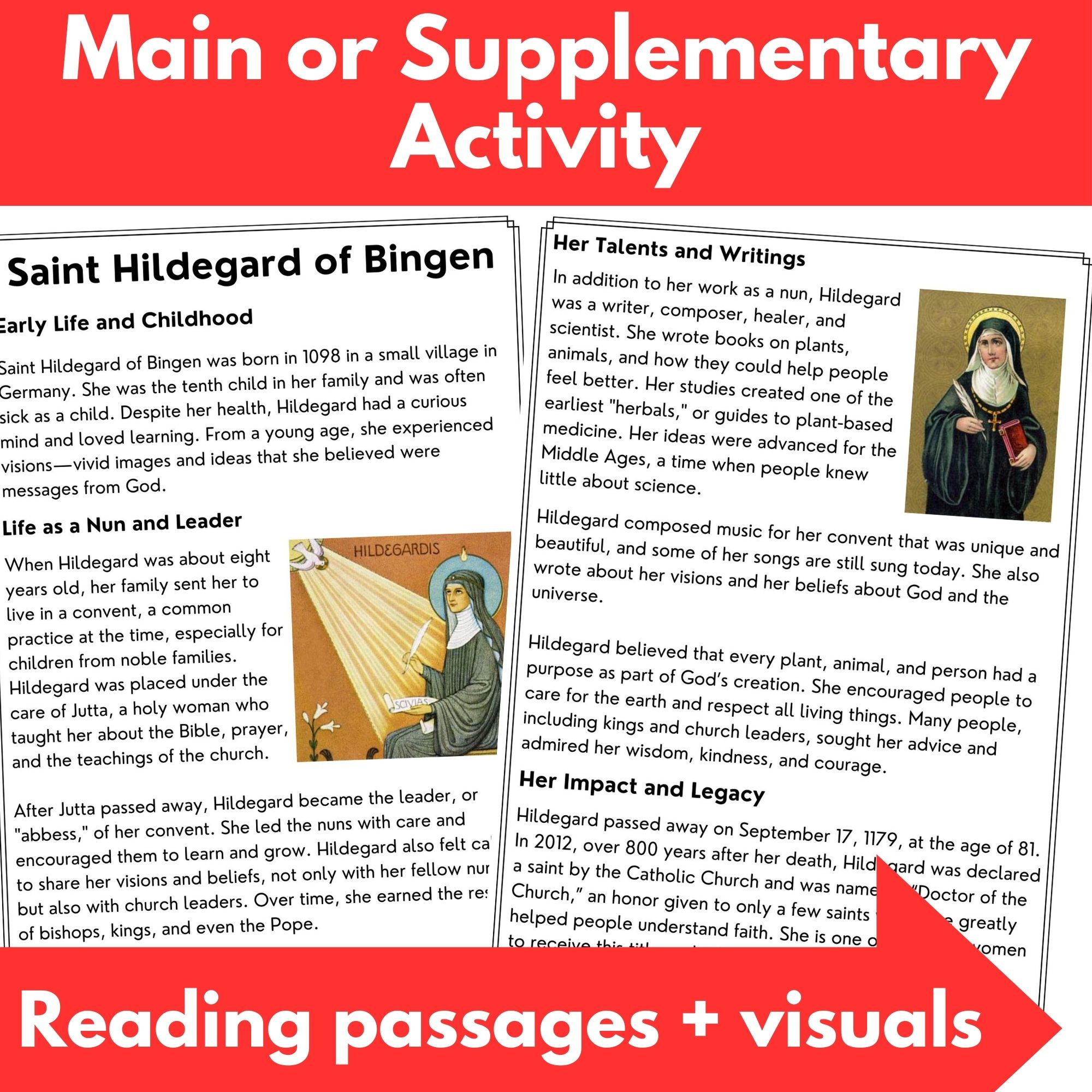 Catholic Saints: Saint Hildegard Von Bingen - Reading inside Curious Mind Reading Comprehension Worksheets