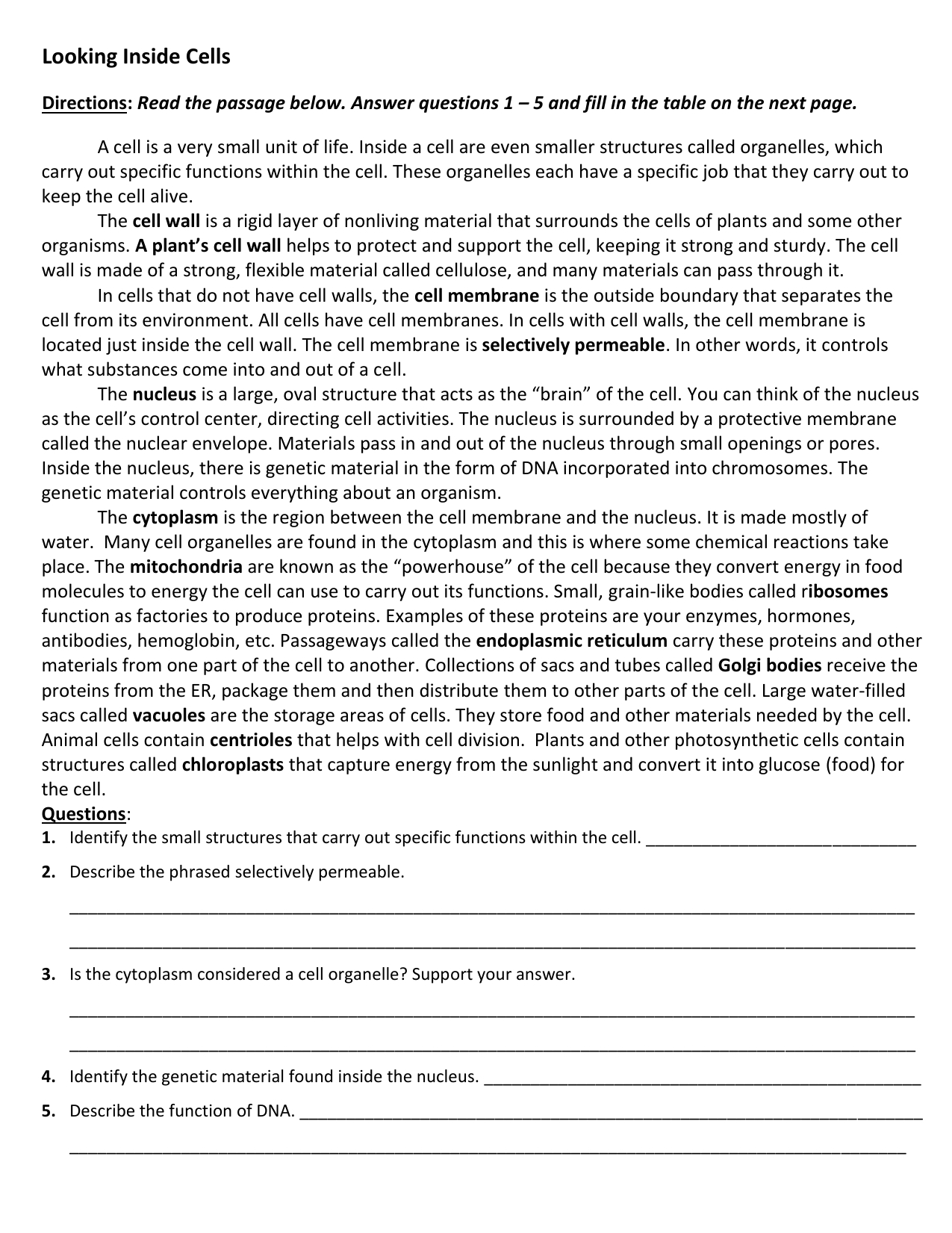 Cell Structure &amp;amp; Function Worksheet: Organelles with regard to Cell Organelles Reading Comprehension Worksheets