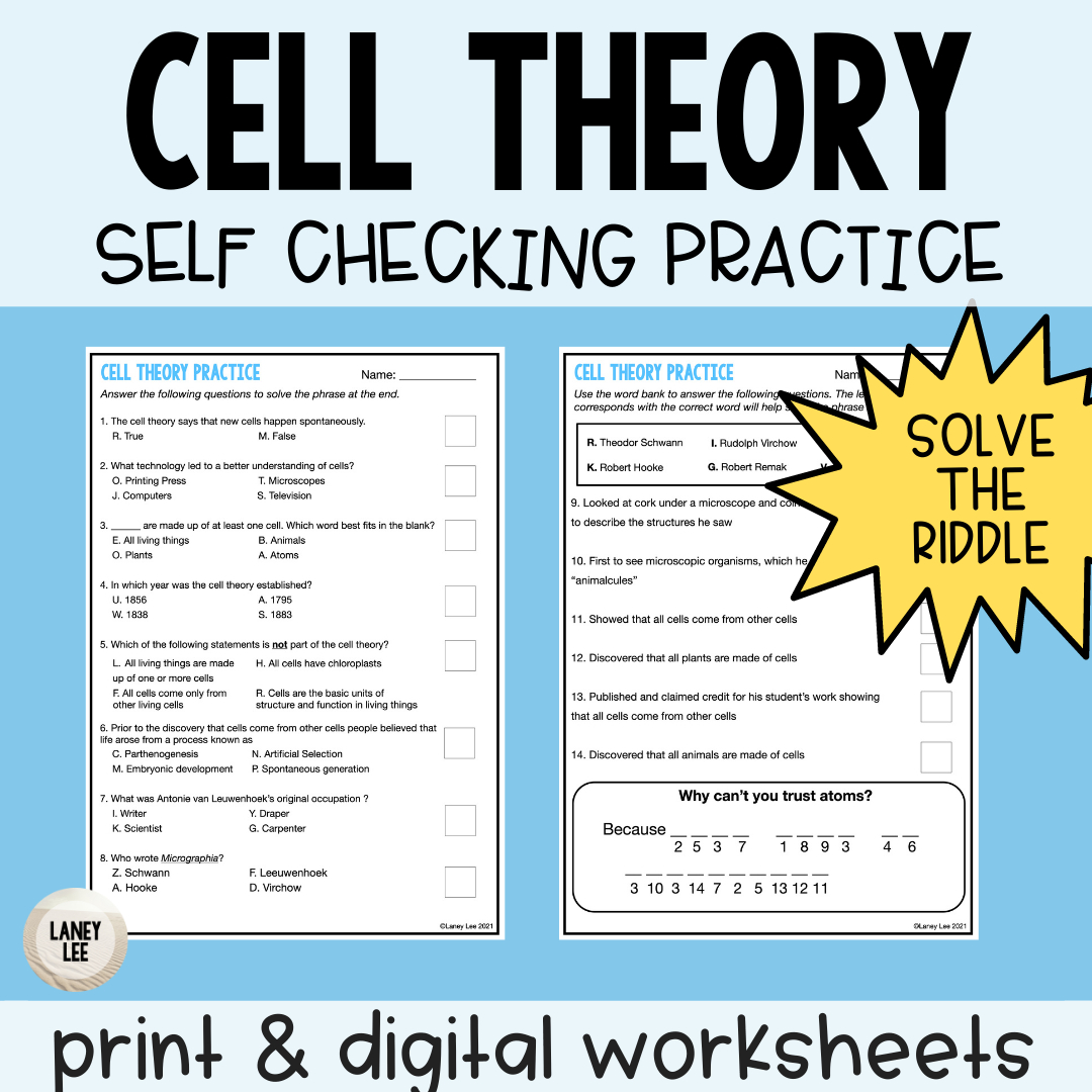 Cell Theory Self Checking Worksheet With Answer Key - Laney Lee throughout Cell Theory Reading Comprehension Worksheet