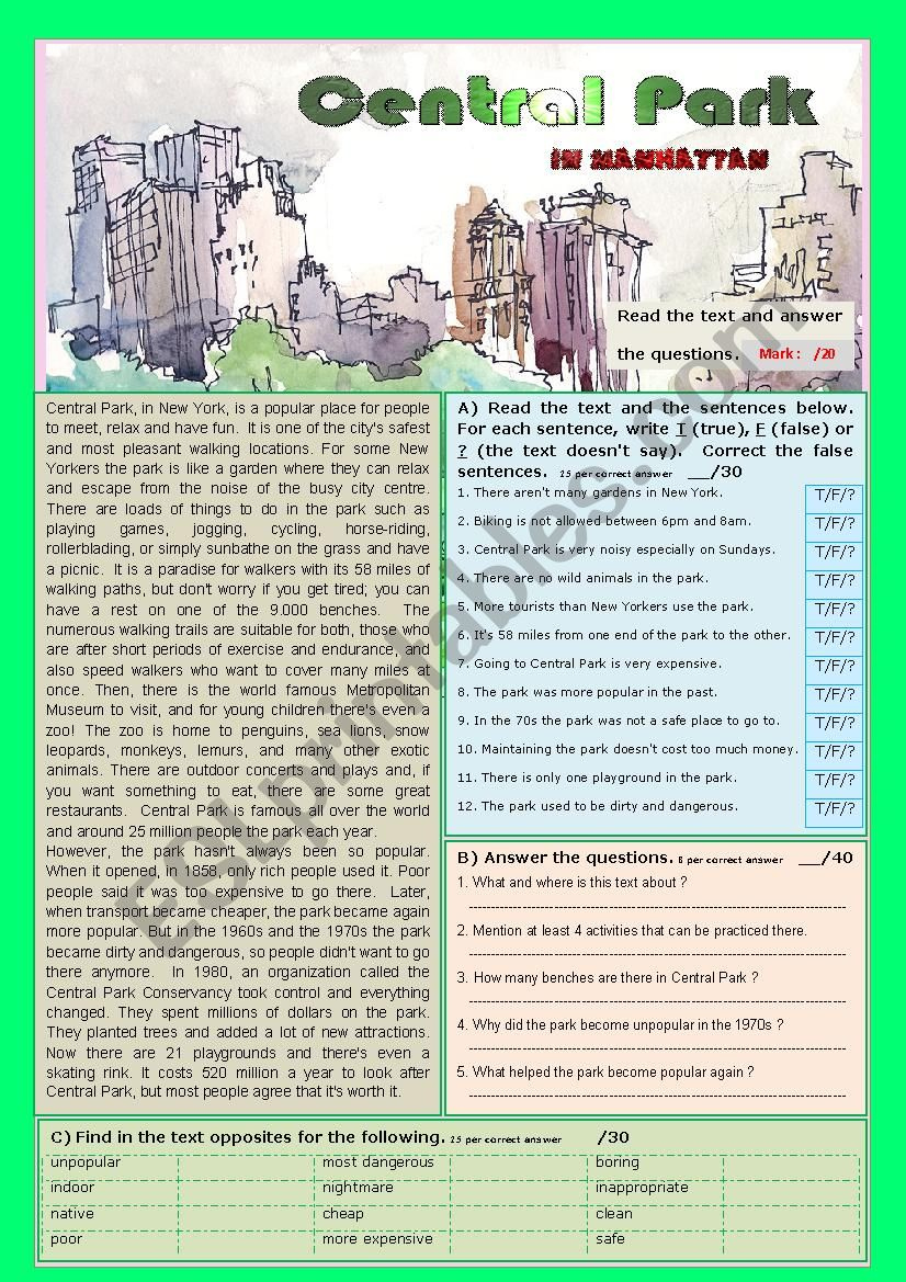 Central Park In New York - Reading Comprehension Or Test - Esl for Central Park New York Reading Comprehension Worksheets