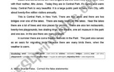 Central Park - Test - 5Th Year - Esl Worksheetatsitab throughout Central Park New York Reading Comprehension Worksheets