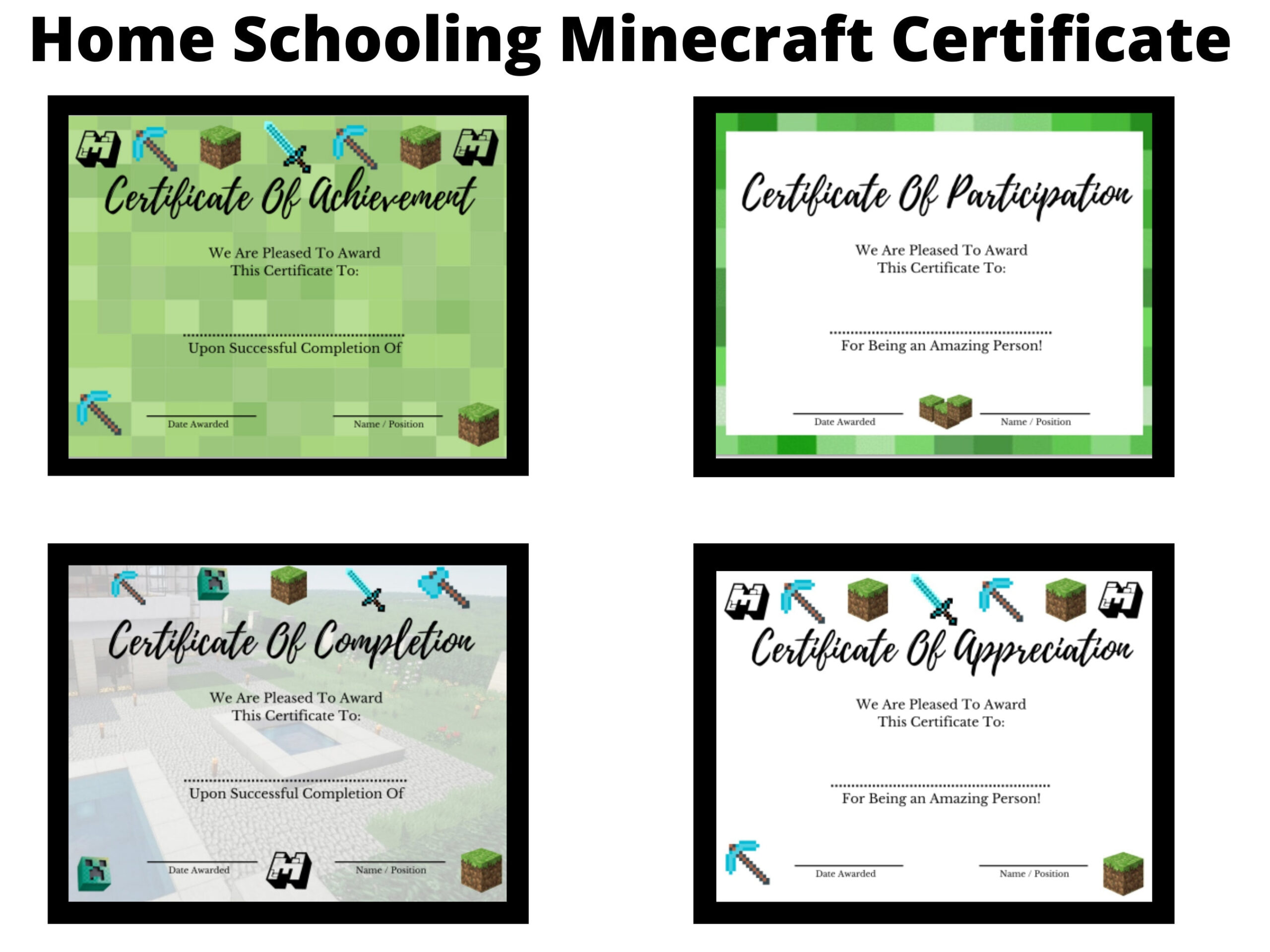 Certificate Of Participation - Minecraft Theme, 4 Different Style for Minecraft Reading Certificates Printable