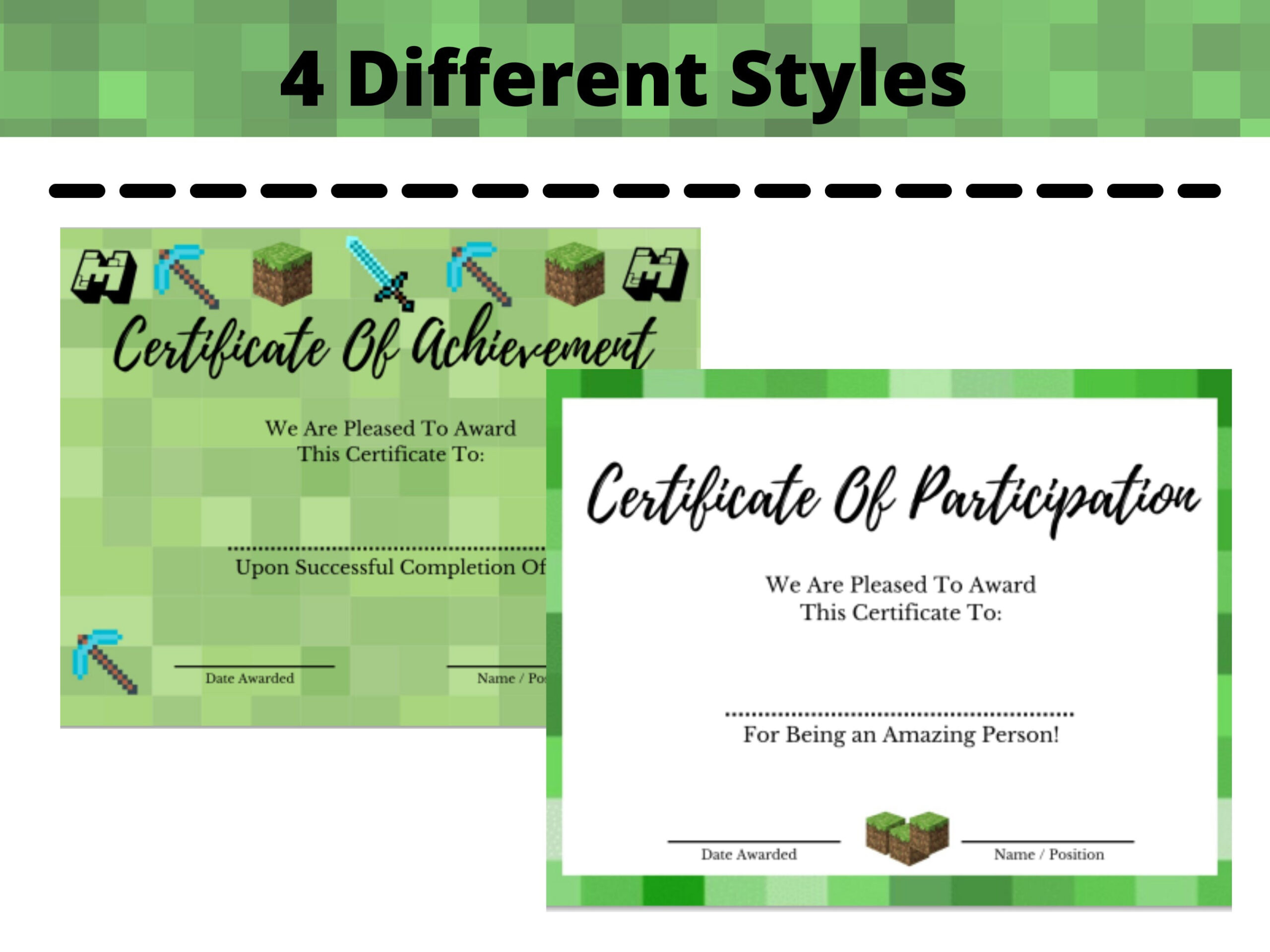 Certificate Of Participation - Minecraft Theme, 4 Different Style with regard to Minecraft Reading Certificates Printable
