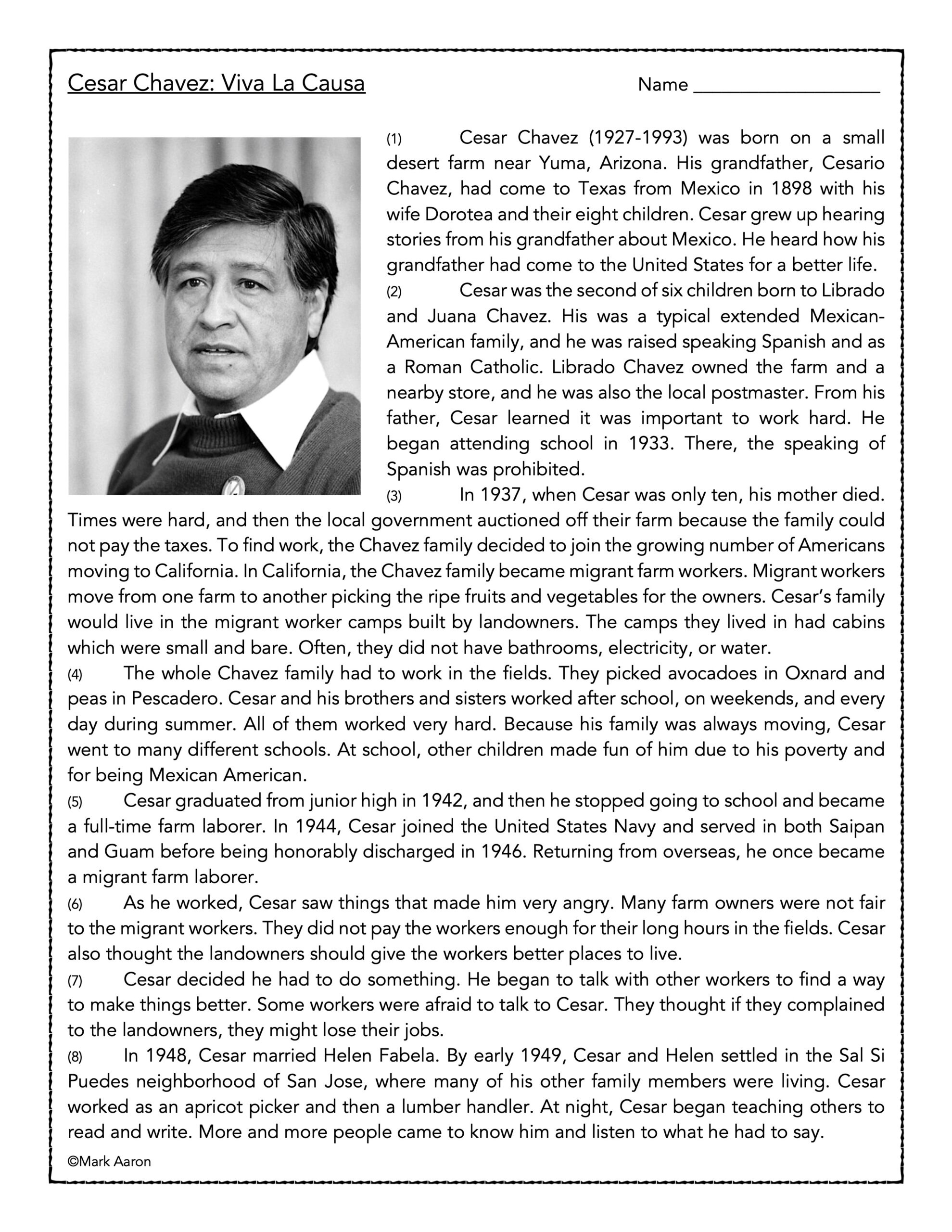 Cesar Chavez- Reading Comprehension Biography And Assessment intended for Cesar Chavez Reading Comprehension Worksheet