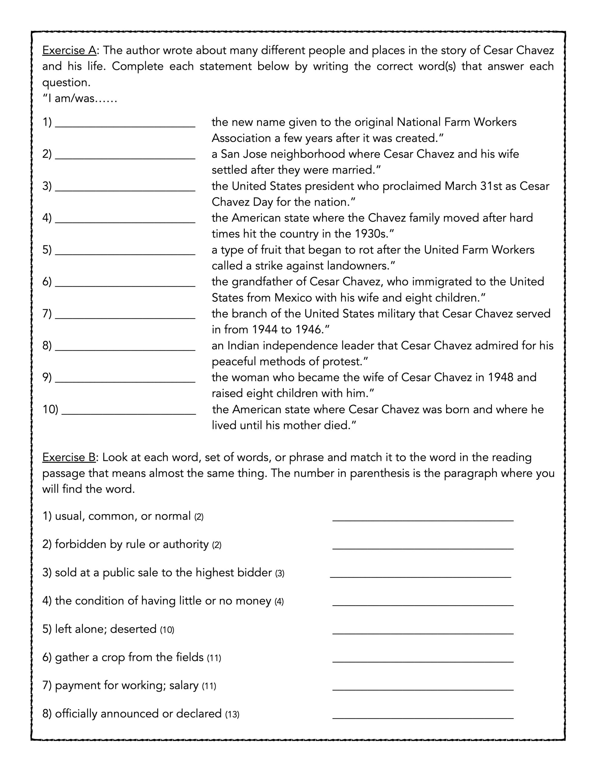 Cesar Chavez- Reading Comprehension Biography And Assessment within Cesar Chavez Reading Comprehension Worksheet