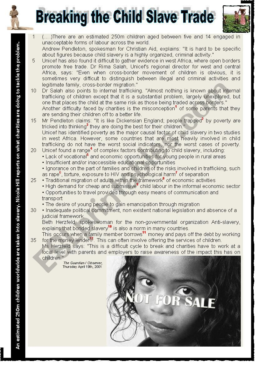 Child Labour Breaking The Child Slave Trade Reading, Comprehension intended for Slavery Reading Comprehension Worksheets