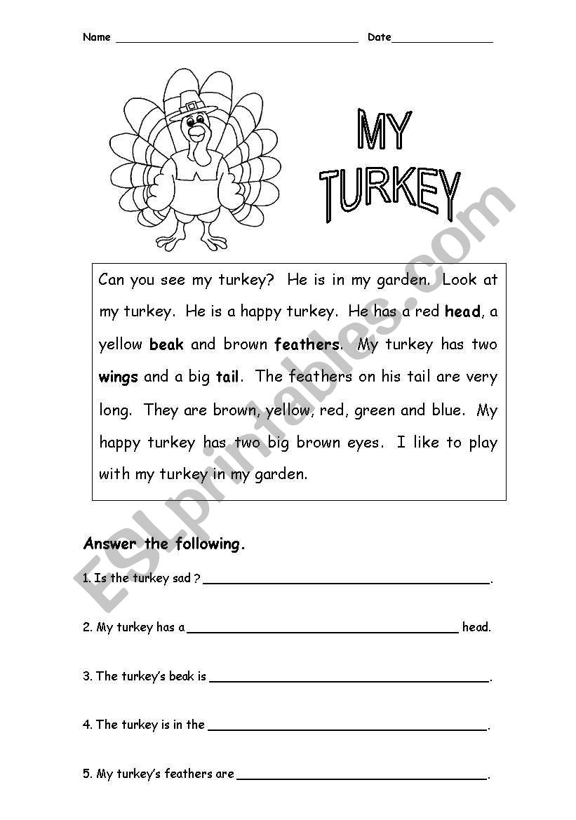 Christmas Or Thanks Giving Turkey Reading Comprehension - Esl within Turkey Reading Comprehension Worksheets