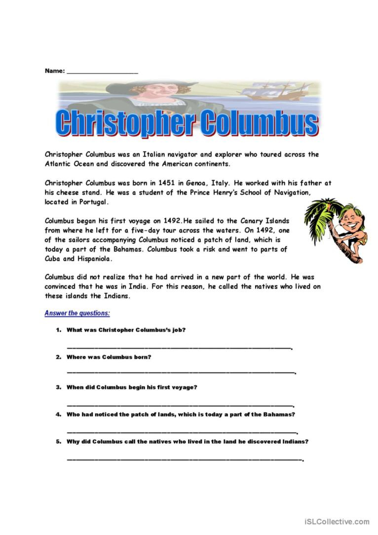 Christopher Columbus Reading For Det…: English Esl Worksheets Pdf intended for Christopher Columbus Reading Comprehension Worksheet
