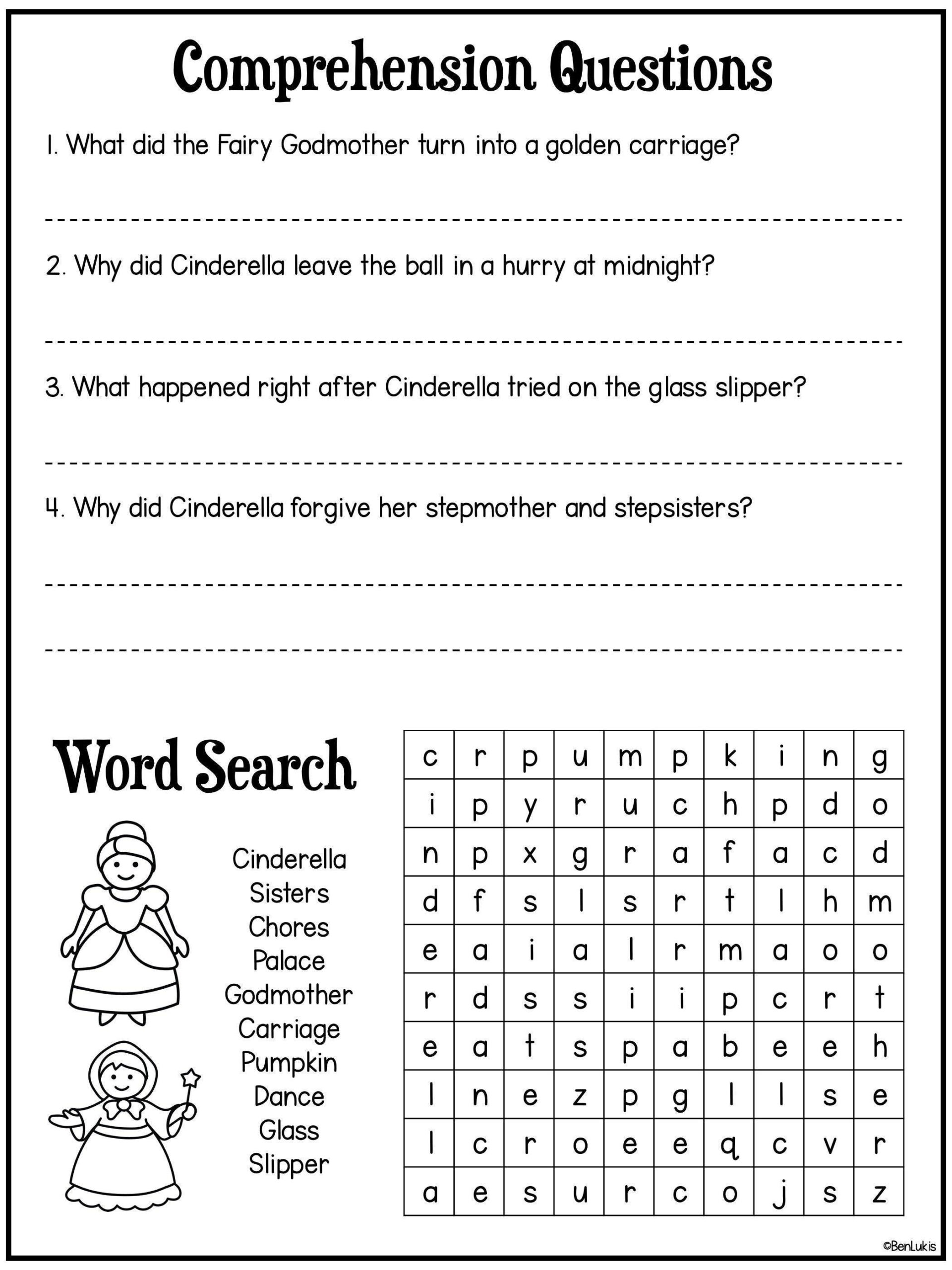 Cinderella Reading Activity, Comprehension Questions, Word Search, Coloring Pages, Printable Homeschool Resource, Digital Download Learning regarding Cinderella Reading Comprehension Questions Worksheets