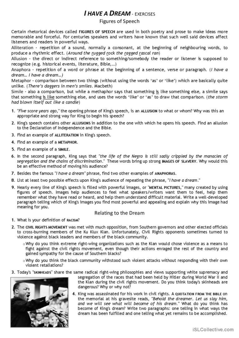 Civil Rights Movement_ I Have A Drea…: English Esl Worksheets Pdf with regard to Civil Rights Reading Comprehension Worksheets