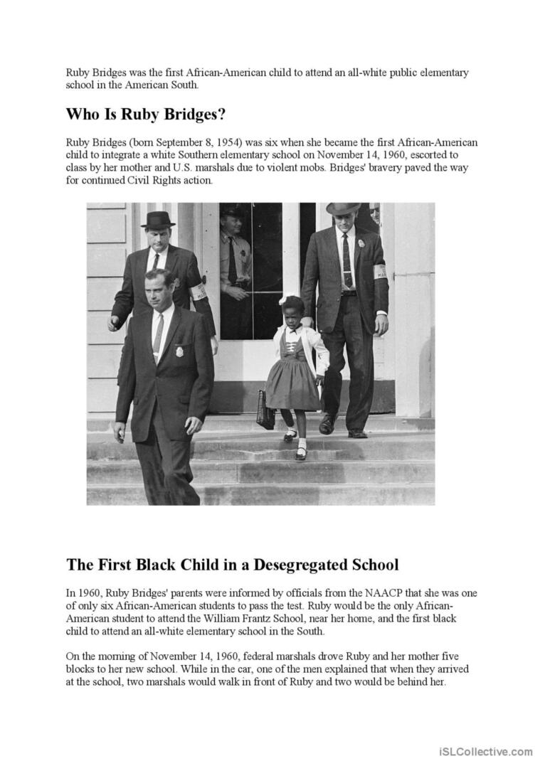 Civil Rights - Ruby Bridges Reading…: English Esl Worksheets Pdf &amp;amp; Doc within Ruby Bridges Reading Comprehension Worksheet