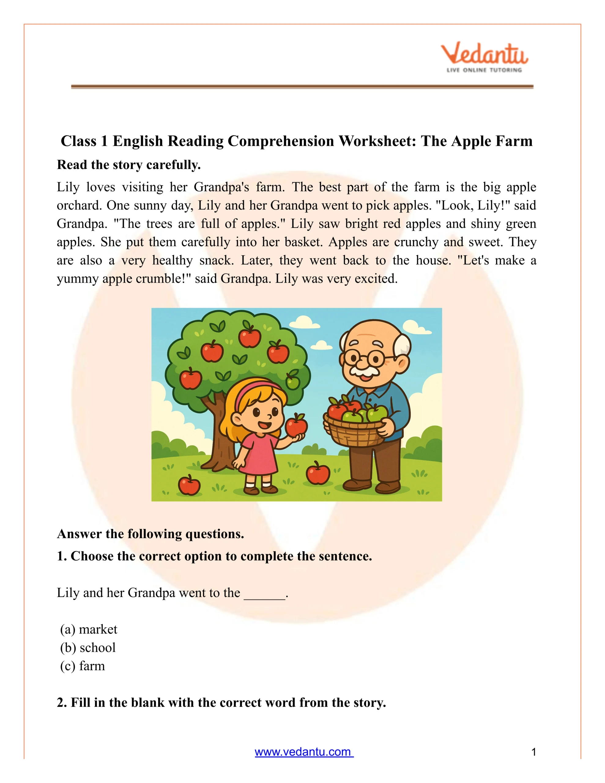 Class 1 Reading Comprehension Worksheet – Apples Story Pdf within Farm Unit Reading Comprehension Passages Worksheets