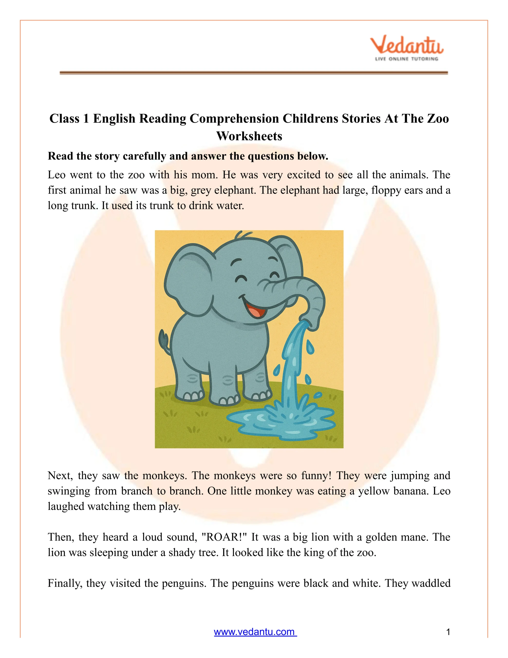 Class 1 Reading Comprehension: Zoo Stories Worksheet Pdf with Zoo Reading Comprehension Worksheet