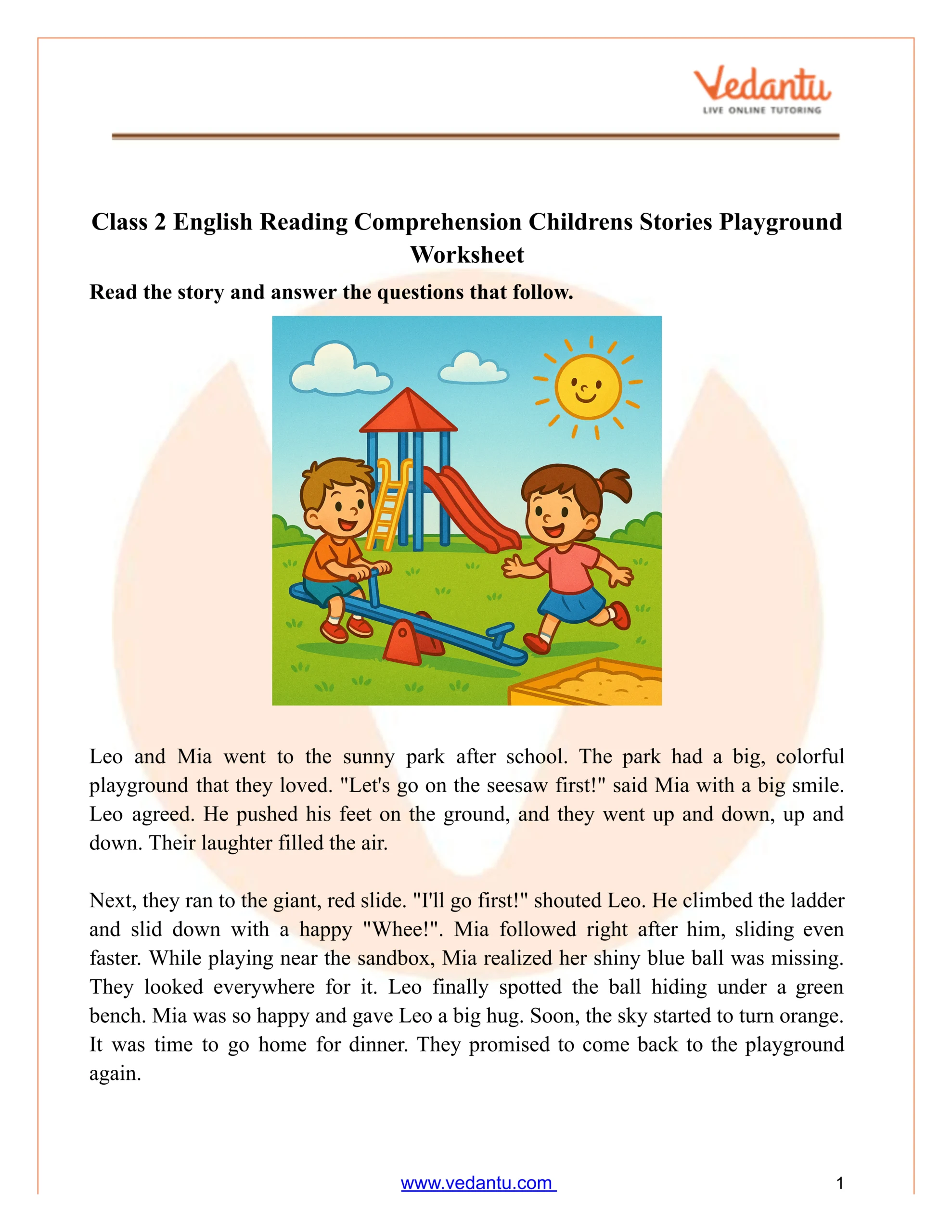 Class 2 Reading Comprehension: Children&amp;#039;S Playground Story Worksheet for Live Worksheet Reading Comprehension Grade 2