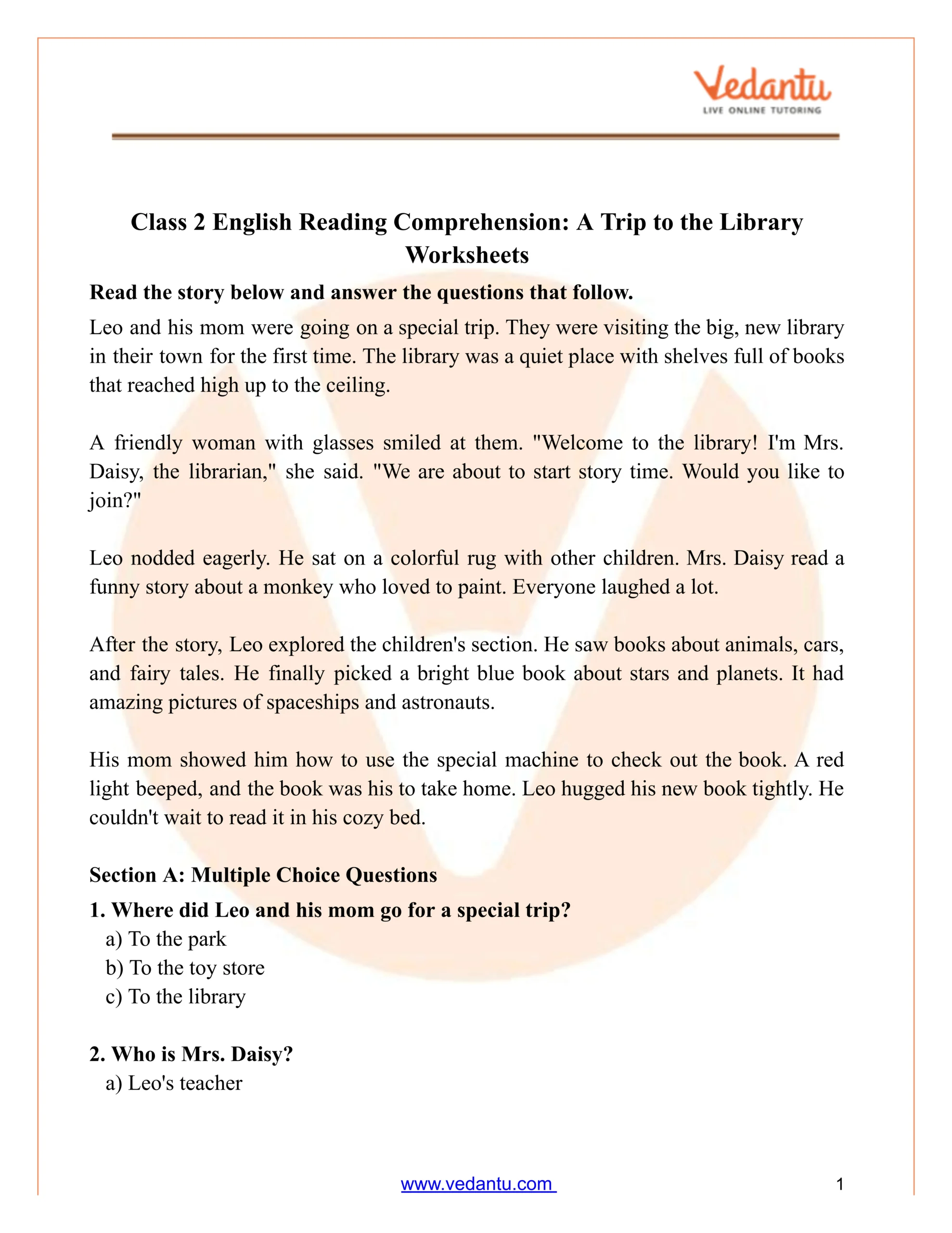 Class 2 Reading Comprehension: Going To The Library Worksheet within Chapter Book Reading Comprehension Worksheet