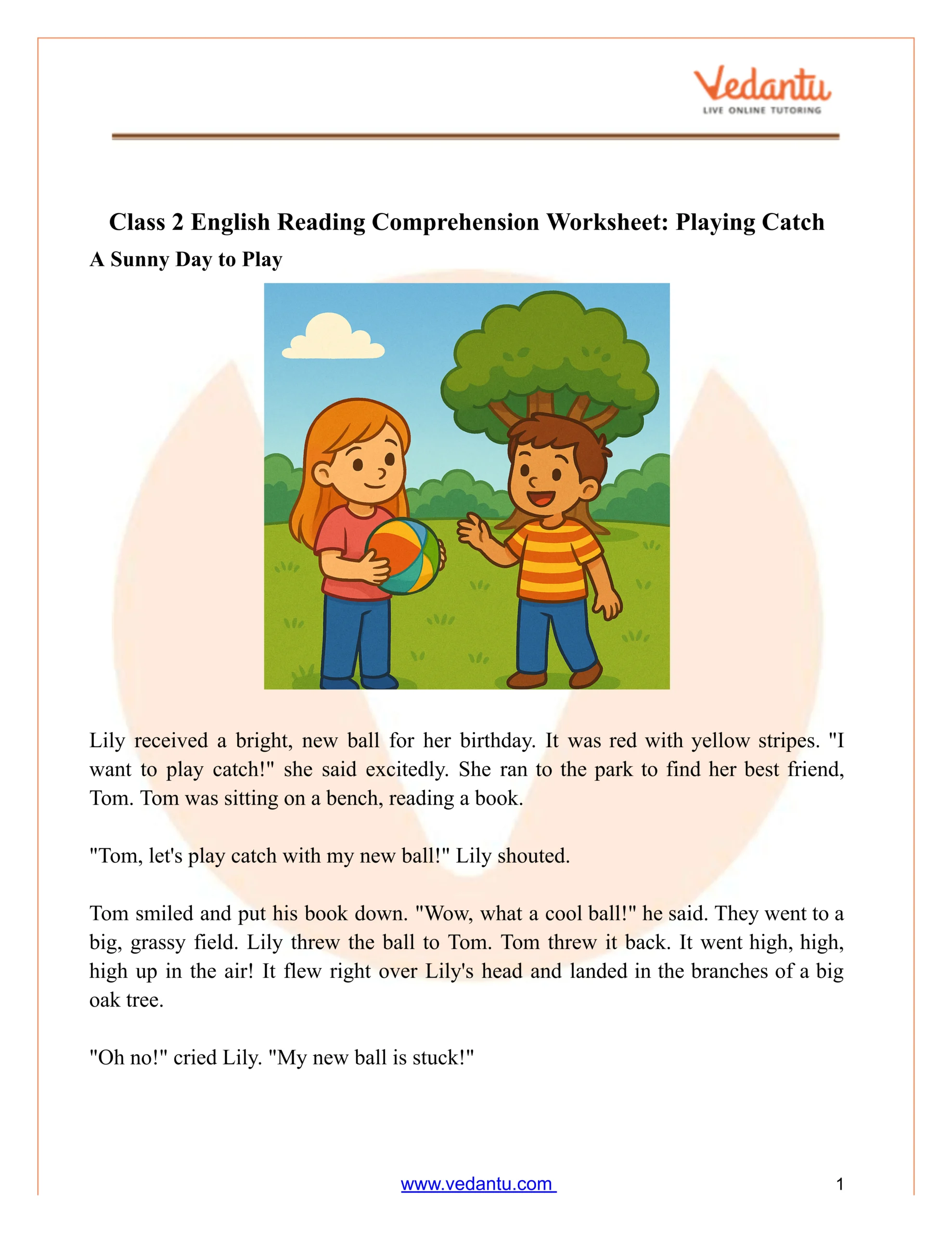 Class 2 Reading Comprehension Worksheet: Playing Catch Story with regard to Chapter Book Reading Comprehension Worksheet